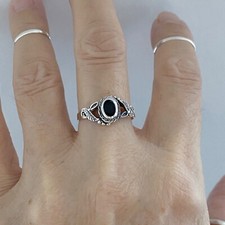 Sterling Silver Black Onyx Ring with Leaves, Silver Ring, Stone Ring, Leaf Rings