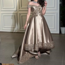 Off The Shoulder Crystal Beading Pleated High-Low Satin Prom Dress Saudi Arabia