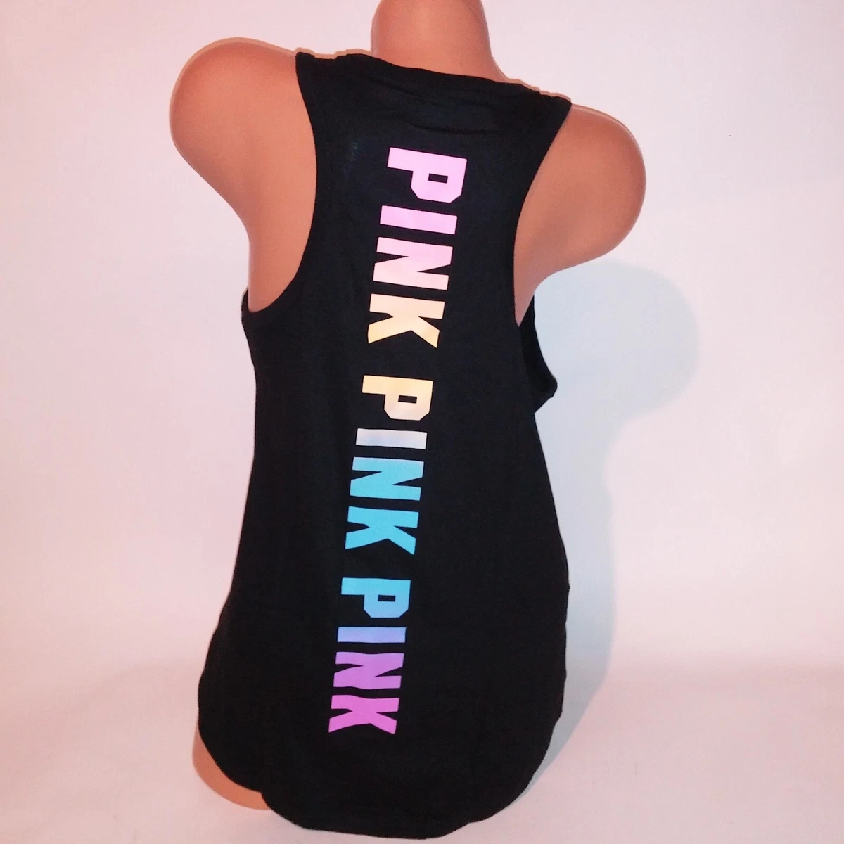 Victoria Secret PINK Tank Top Black Rainbow Logo Racerback Sleeveless New