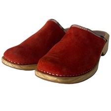 BURBERRY Red Suede Nova Check Plaid Lined Wood Sole Clogs