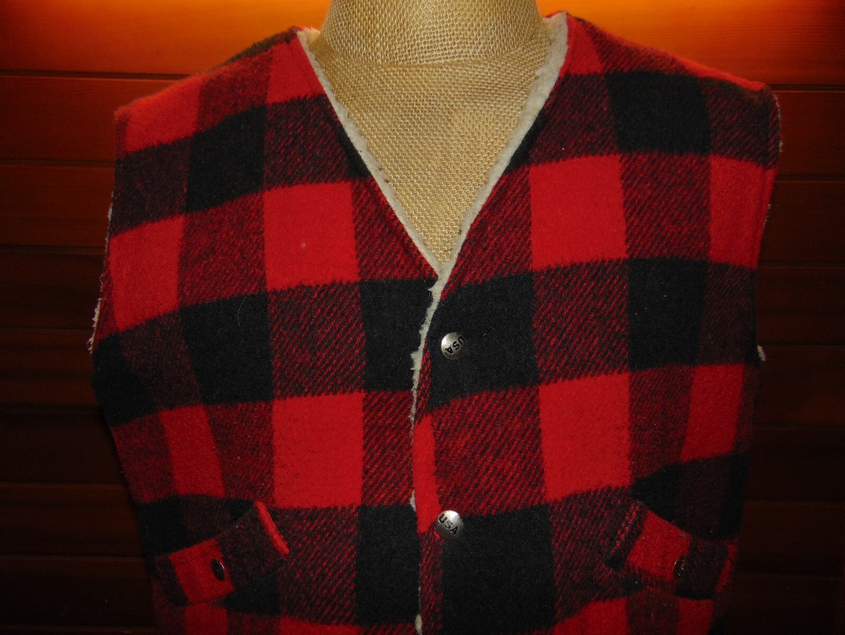 Vintage Cal Craft Men's Vest Fleece Sherpa Lined Buffalo Plaid