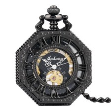 Steampunk Men's Mechanical Fob Watches Transparent Skeleton Octagon Pocket Watch