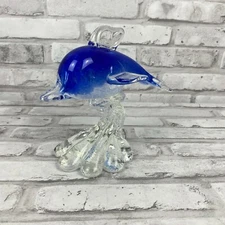 Dolphin in Waves Art Glass Clear/Blue and White Glass Figurine 