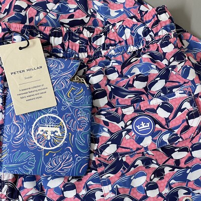 Men s Peter Millar Seaside Swim Shorts Trunks Killer Whale Orca AOP Sz M Pink