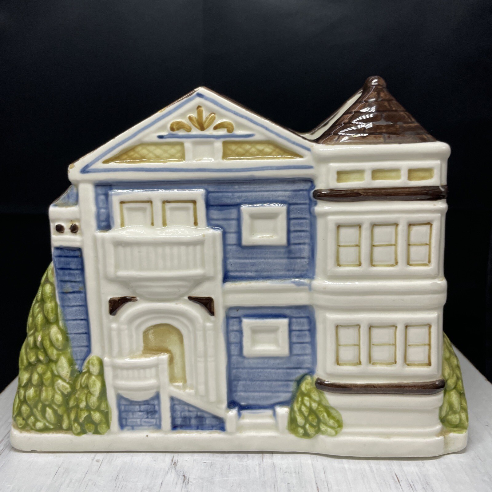 Vintage Otagiri Napkin Letter Holder Blue Victorian House Hand