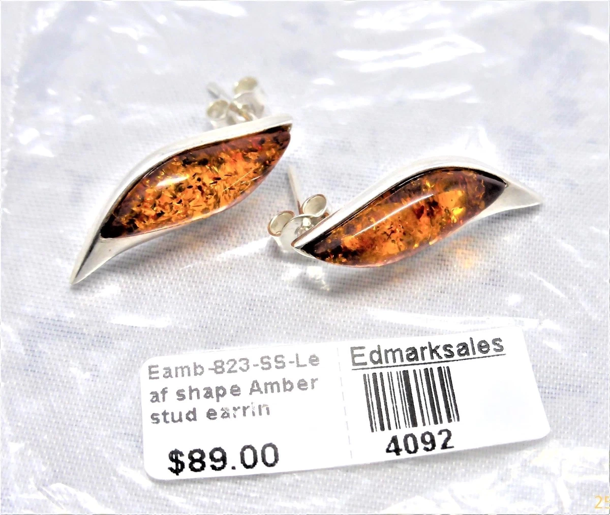 BALTIC AMBER STG SIL 925 STUD EARRINGS 3.0gr. 24mmx9mm LEAF