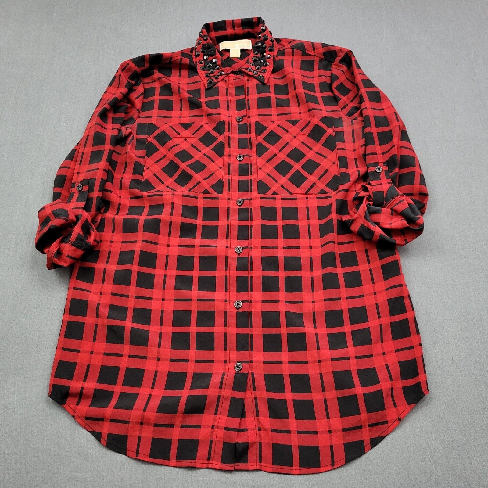Michael Kors Blouse Womens Small S Long Roll Tab Beaded Tunic Button Plaid Red