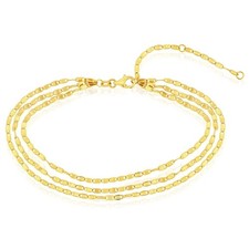 14K Yellow Gold Mariner Triple Strand Ankle Bracelet (Solid Links) 9"-10" Adjust