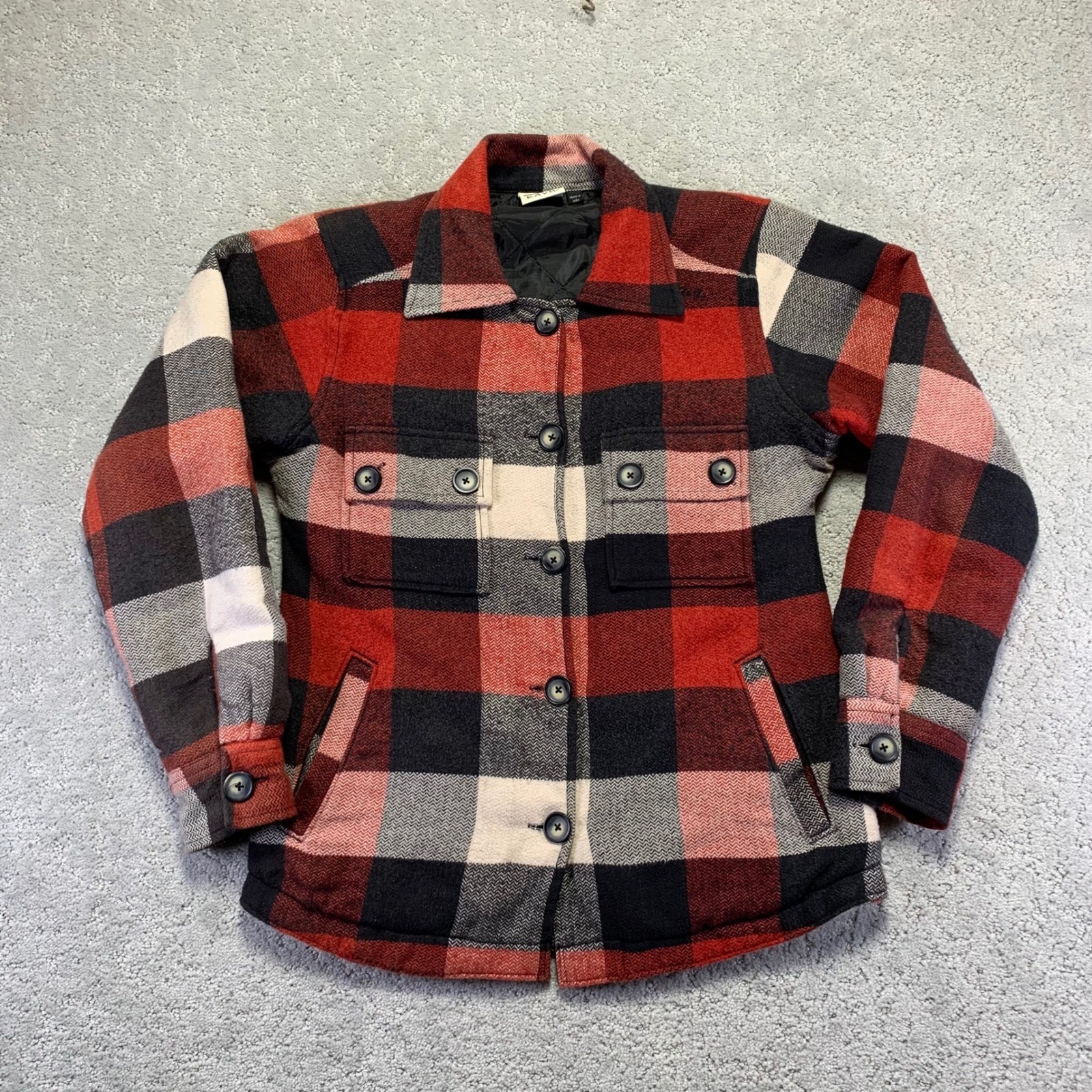 KAVU Womens Plaid Flannel Shirt Jacket XS Red Black Cream Shacket Quilt Lined