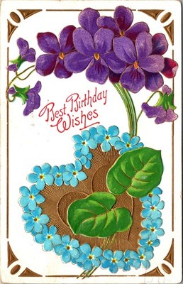 Vintage Embossed Birthday Postcard 1909 Made in Germany Violets Forget-Me-Not