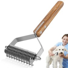 Undercoat Rake for Dogs - Dual-Sided Deshedding Blade, Wooden Handle, Profess...