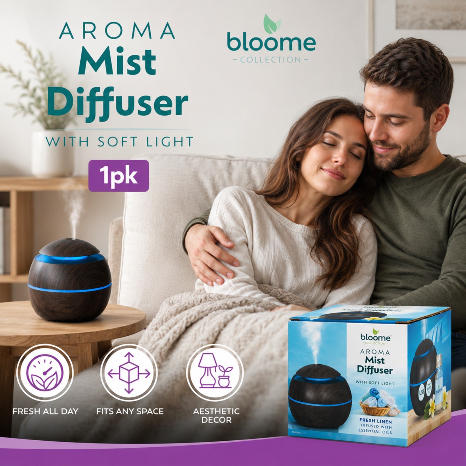 Round Aroma Mist Fresh Linen Essential Oil Diffusers For Home Aromatherapy USB