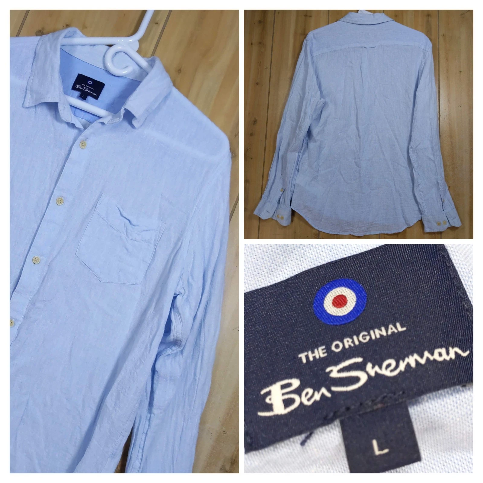 Ben Sherman Linen Blend Shirt Men's Large Blue Long Sleeve Button Up Classic Fit