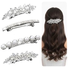 4PCS Pearl Rhinestone Hair Clips, Sparkling Flower Bridal Hair Clips, Silver