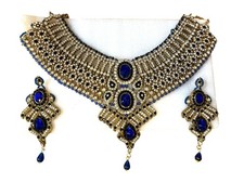 Gold & Blue Crystal Bib Necklace With Matching Chandelier Earrings Bridal Jewelr