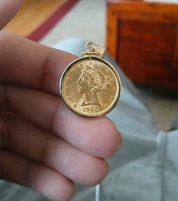   1900 $5 Five Dollar Gold Half-Eagle Coin Pendant In 14K Bezel  