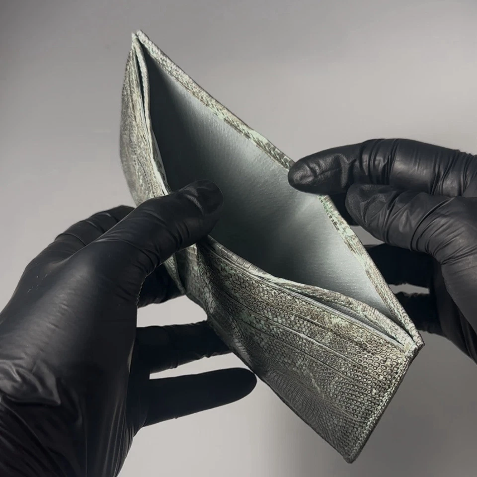 Cartera de lujo hecha a mano doble pliegue piel de lagarto verde como nueva para hombre Foto 4 de 4