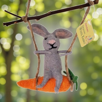 World Market Felted Wool Easter Bunny on Carrot Swing Gray Decor