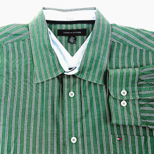 TOMMY HILFIGER Men's Shirt Size XL Long Sleeve Button Front Cotton Green Striped