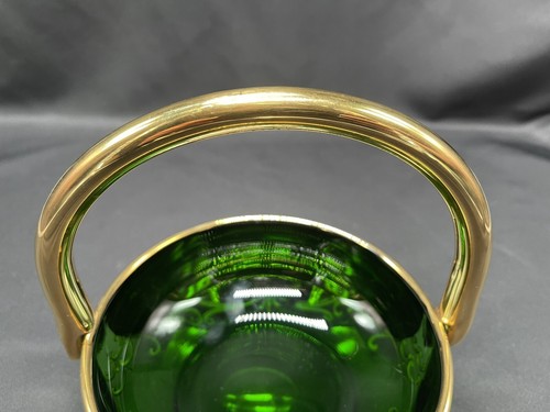 VINTAGE CZECH BOHEMIAN EMERALD GLASS BASKET WITH GOLD ENCRUSTED - Picture 10 of 16