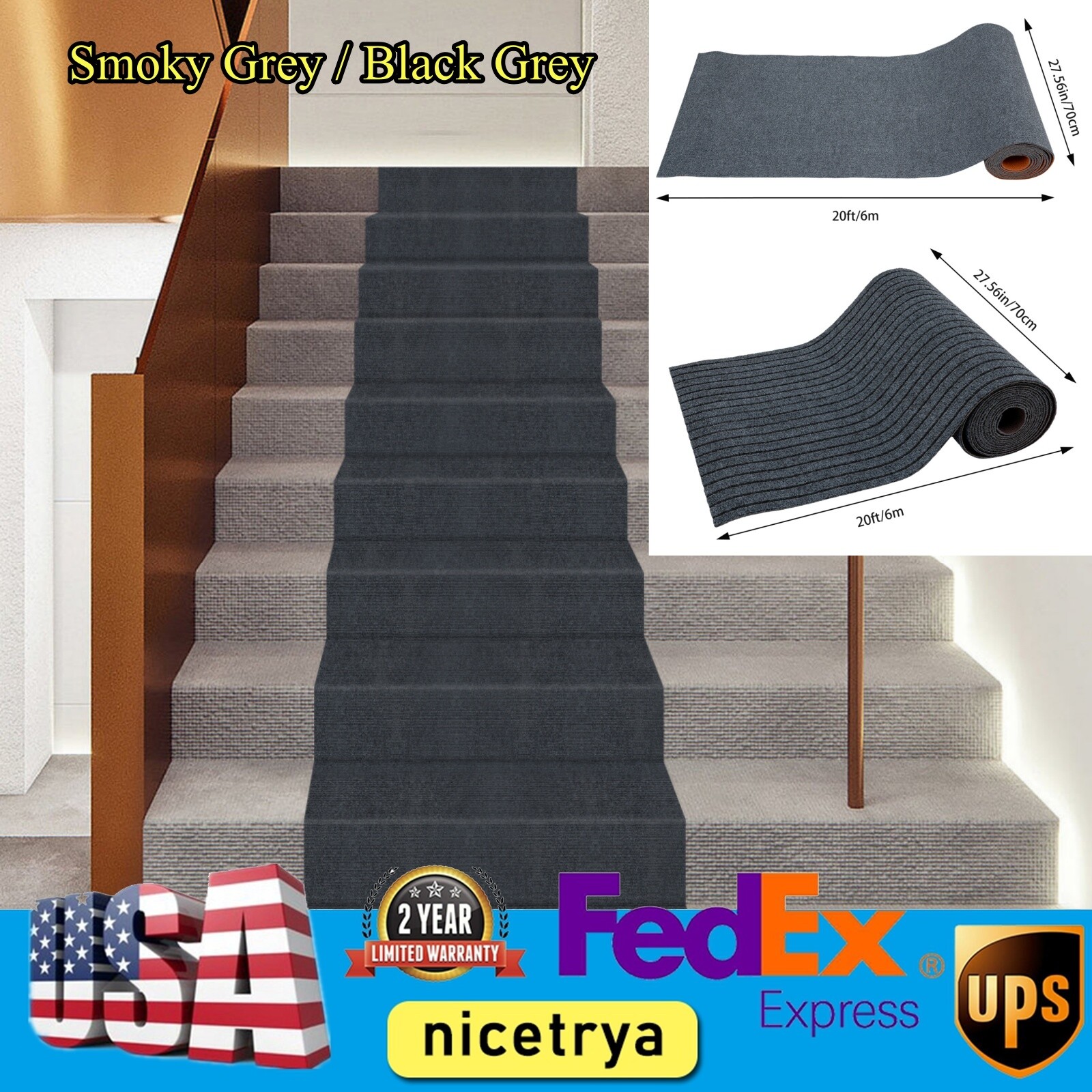 Non-Slip 20ft x 27.56in Carpet Stair Runner Rug for Hallway Floor Protection