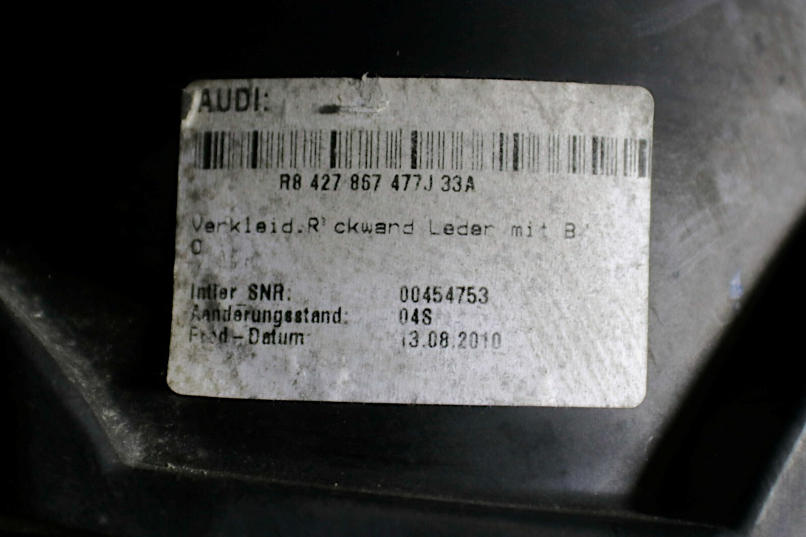 Audi R8 5.2L V10 Rear Convertible Deck Lid Cover Trim Panel 2011 - 2015 OEM