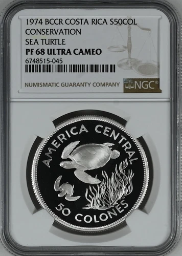 COSTA RICA 50 Colones 1974 Silver NGC PF68 UC Conservation Green Sea Turtle