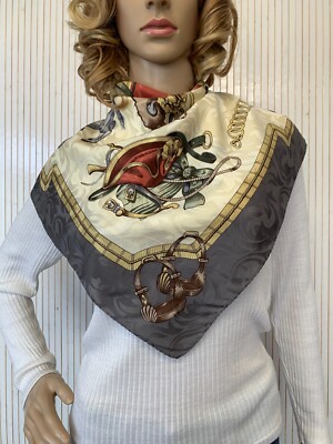 Foulard Carré Soie Vintage Ciriano Roma - Motif Sellerie équitation Beige - Idée Cadeau