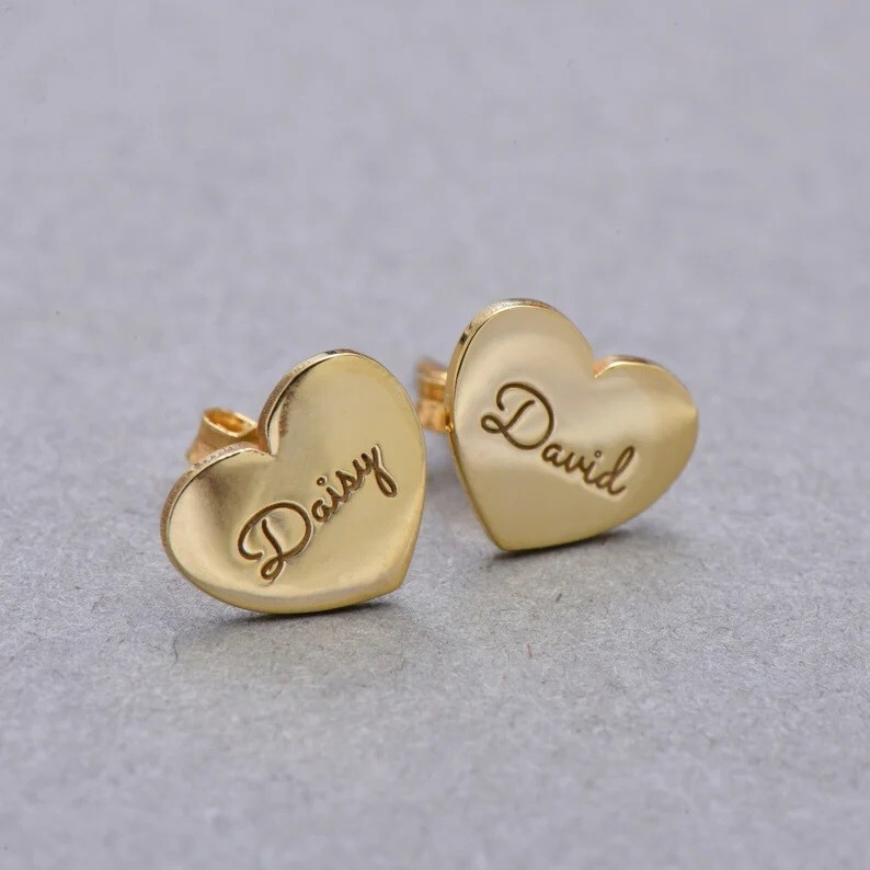 10K Yellow Gold Amazing Heart Engraved Initial Custom Name Letter Stud  Earrings