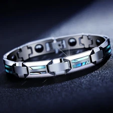 10MM Tungsten Carbide Bracelet 2-Rows Abalone Shell Health Magnetic Link Wrist