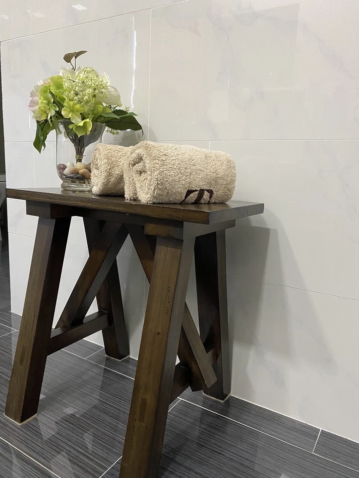 Vtg Pottery Barn Lexie Mahogany Wood Bath/Bedroom Stool Vanity Bench Foot Rest - Image 3 of 4