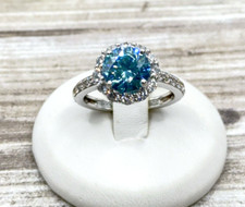 Sterling Silver Ring Sky Blue CZ Faceted Solitaire Halo Clear CZ Size 7.75 Prong