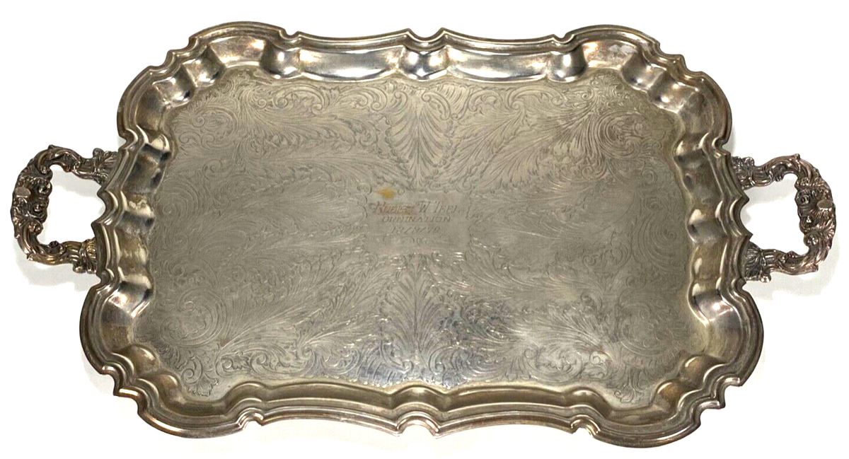 Leonard Silver Footed Serving Tray w Handles-Engraved - 18.75 x