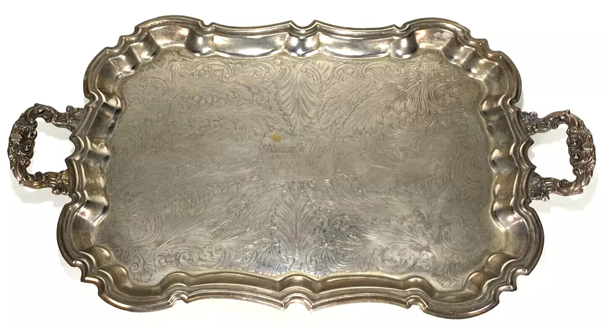 Leonard Silver Footed Serving Tray w Handles-Engraved - 18.75 x 13.75 +  Handles