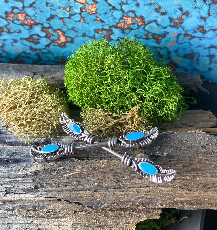 PAR de anéis de mamilo tribal pena esmalte turquesa escudos piercing joias corporais - Imagem 3 de 4