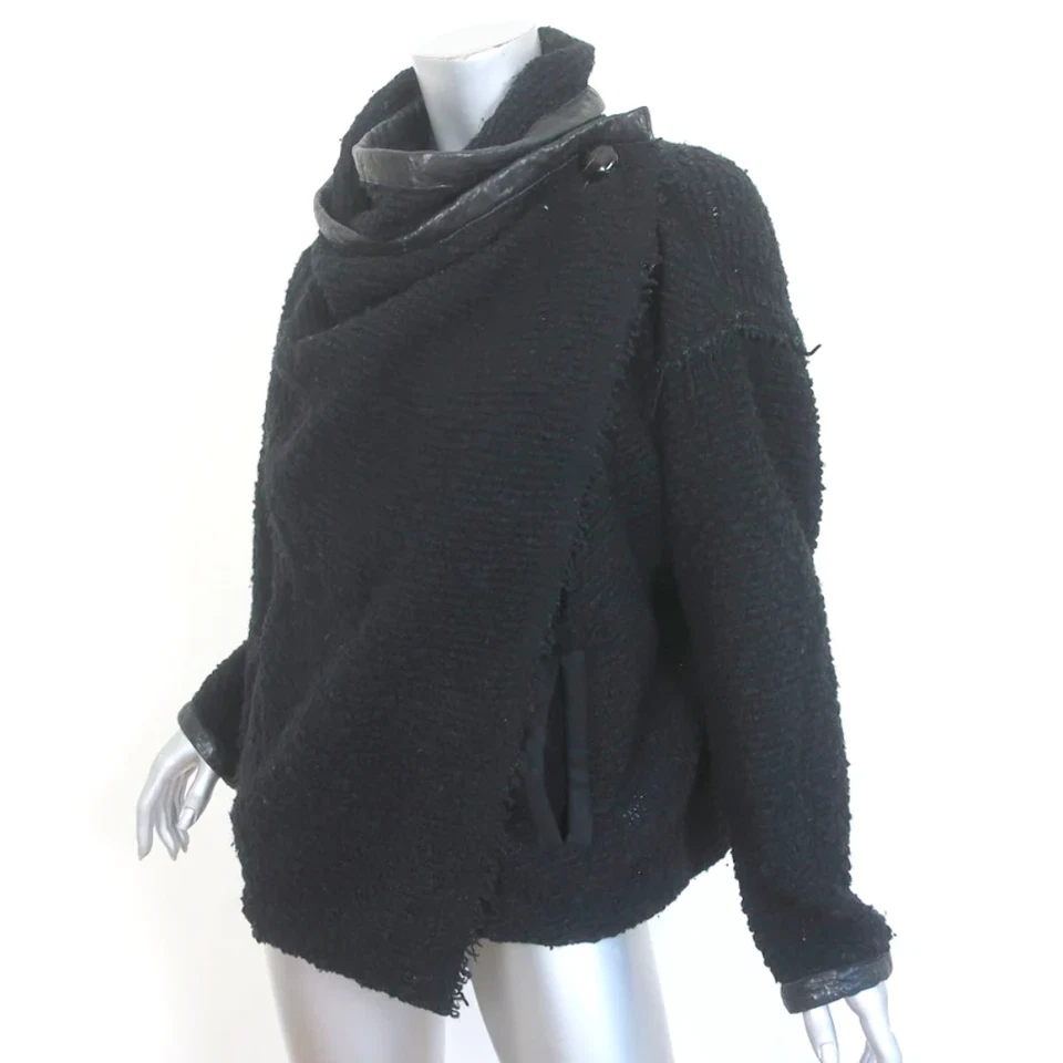 Chaqueta drapeada Isabel Marant negra ribete de cuero lana Boucle talla 0 Foto 3 de 4