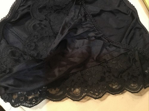 Vintage Black Satin Lace Nylon Chantilly High Cut Leg Panties L Union Made - Picture 9 of 9