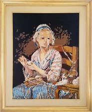 Ricamo a mezzo punto croce Gatto e gomitoli 54x74 cm a mano con cornice