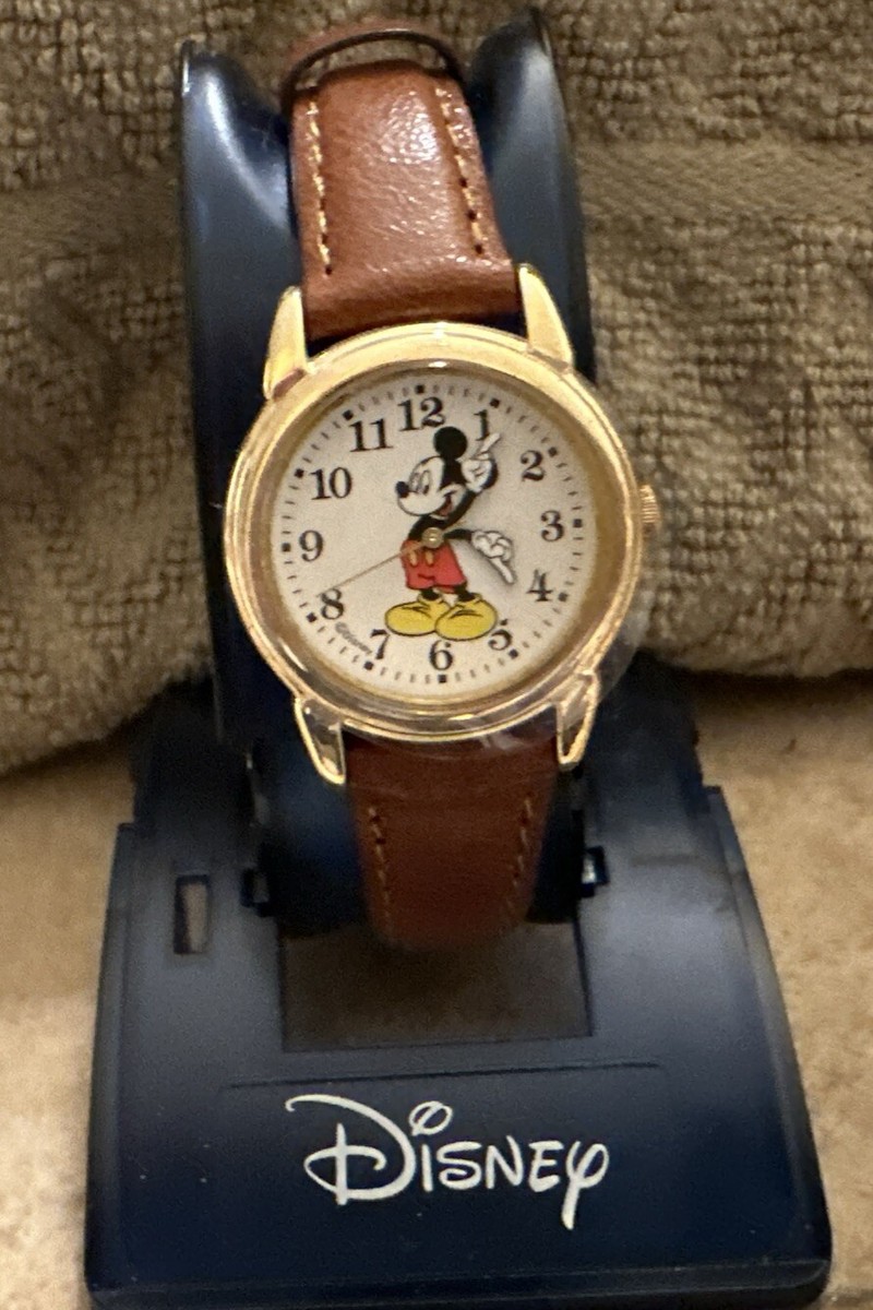 VINTAGE DISNEY MICKEY MOUSE LADIES WATCH BROWN LEATHER BAND 