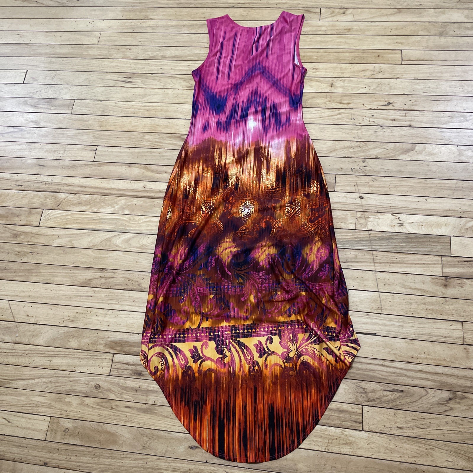 Venus Hi Low Top Woman M Pink Abstract Paisley Midi Gold Keyhole Sleeveless Boho