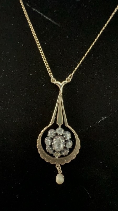 Vintage 14K Gold Rose Cut Diamond Pendant Necklace Pearl Drop 18”