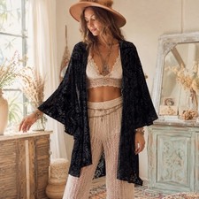 Peach Love Velvet Burnout Black Whimsical Boho Witchy Kimono Women  s Medium
