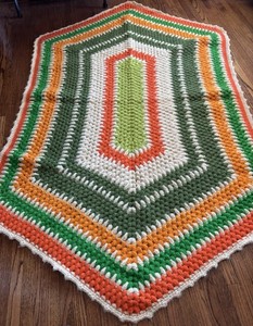 Vtg 70’s MCM Crocheted Rug Heavy Bulky Yarn Orange Green Wall? Granny 72”long