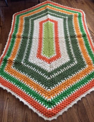 Vtg 70 s MCM Crocheted Rug Heavy Bulky Yarn Orange Green Wall? Granny 72 long