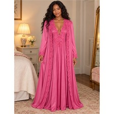 Olga Hot Pink Lace-Trim Long Robe  Nightgown Set