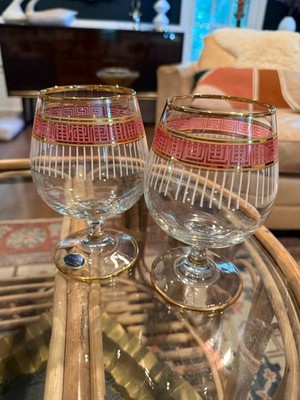 Vintage FRANCO Vetrerie e Cristallerie Set of 2 Brandy Crimson Gold Fine Glasses