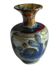 Vintage Tonala Mexican Pottery Vase Bud Blue Brown Rabbit Bunny Butterfly Mexico