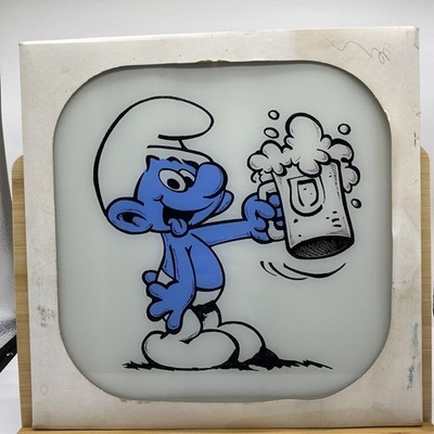 RARE Vintage 1980 s Carnival Fair Glass Mirror Prize 12 X 12  the SMURF w BEER !