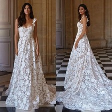 A Line Dress Straps Wedding Dress Lace Up Back Sweep Train Fulllace Bridal Gowns