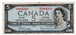 1954 (1961 71) CANADA 5 DOLLARS NOTE p77b VF